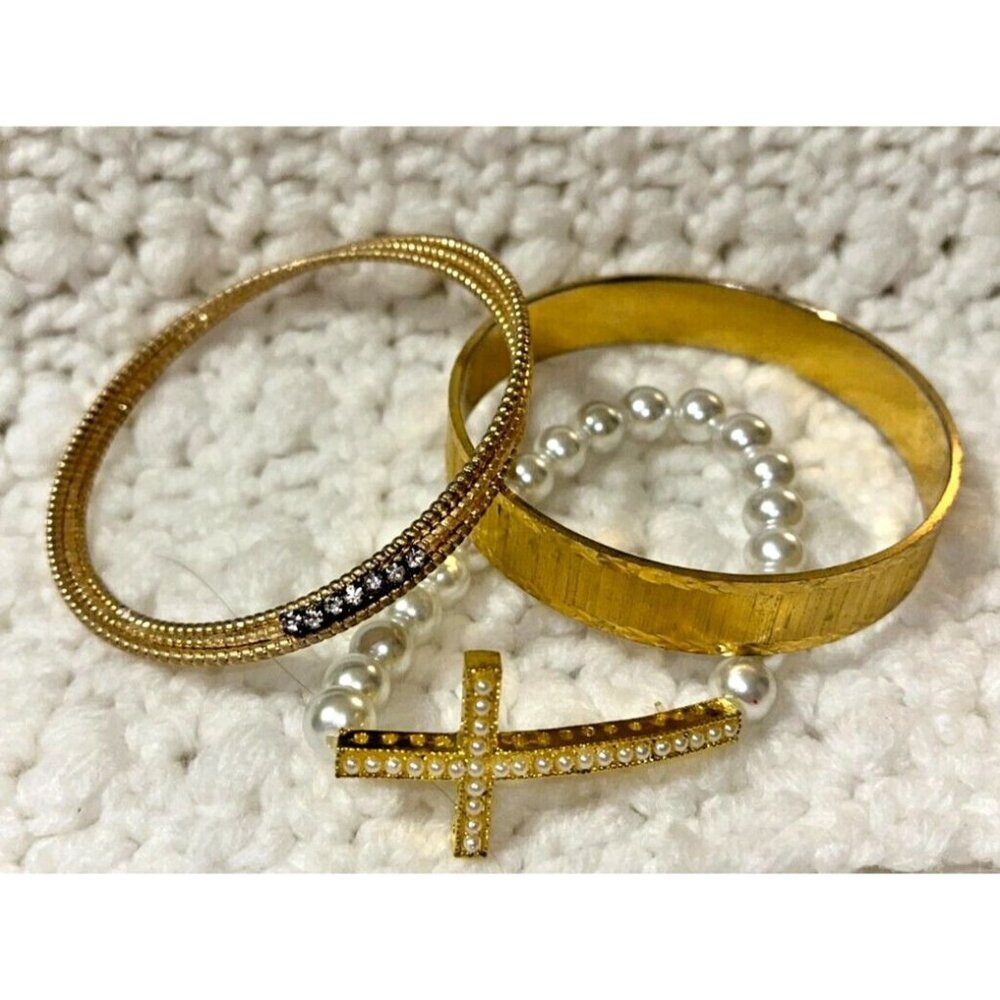 Set of 3 Golden Rhinestone Faux Pearl Cross Stackable Layered Bangle Bracelets